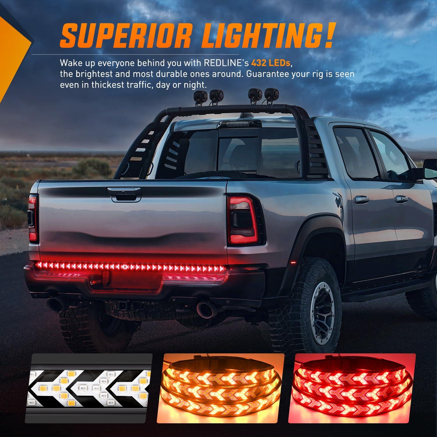 47in Truck Tailgate Light Strip Bar Arrow with Red Running Brake Lights Amber Turn Signals Strobe Lights LIGHTING Arrow LED Tailgate Running Light Kit, Bar Strip for Truck, Strobe (Flashing) Brake Flexible Switchback Red Amber Yellow Sequential, 540 LED