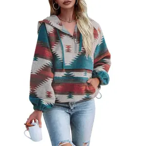 2026 New Women’s Oversized Aztec Print Zip-Up Long-Sleeve Loose Hoodie Sweatshirt Pullover GARMENTARY