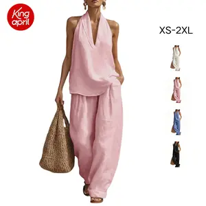 Kingapril Linen Sets for Women 2 Piece Summer Outfits Sleeveless V Neck Top Wide Leg Pants Matching Lounge Set with Pockets