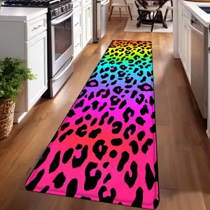 1PC， Rainbow Leopard Print Pattern strip rugs, home décor, bathroom mats, entryway mats, bathroom non-slip mats, indoor entrance rugs, bedroom bedside mats, kitchen mats, hallway rugs, flannel sponge rugs, hallway runner rugs