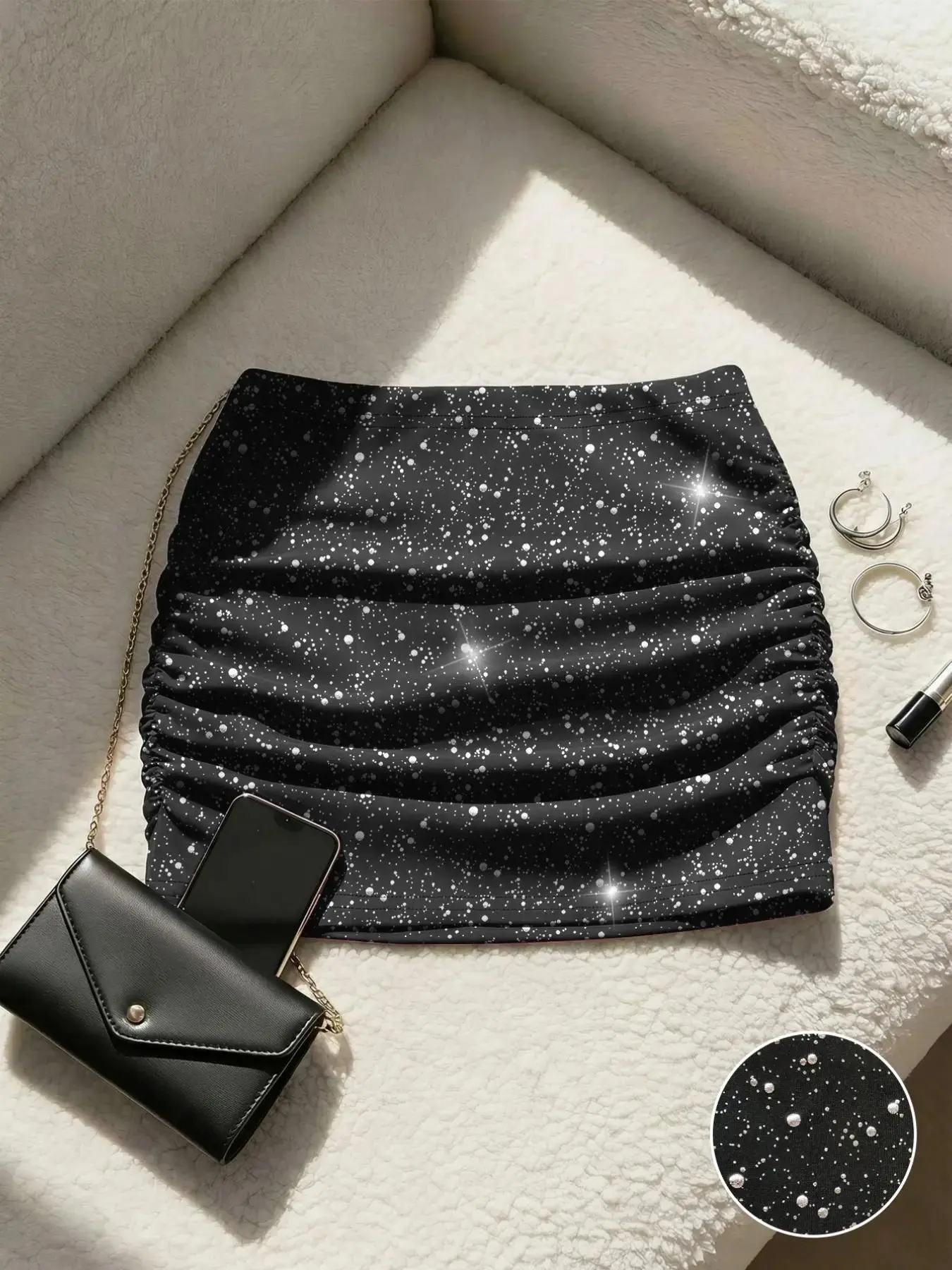 Silver Color Pleated Mini Skirt, High Waist Shiny Tight Fit, Sexy Nightclub Style, Elastic Fabric, Perfect for Parties and Raves