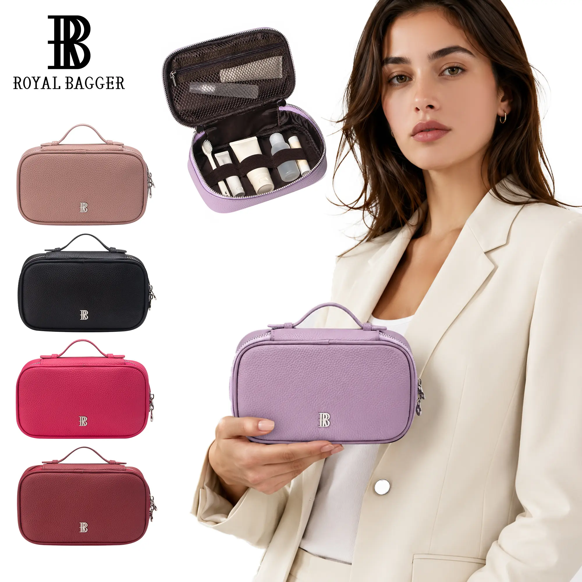 Royal Bagger Women's Genuine Leather Makeup Bag, Minimalist and Spacious Travel Toiletry Organizer with Double Zipper and Carry Handle, Beauty, Modern, Casual, Multifunctional