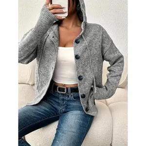 Women's Plain Button Front Drawstring Hooded Cardigan, Casual Drop Shoulder Long Sleeve Knitwear for Fall & Winter, Women's Knit Clothing for Daily Wear, Women Fall Outfit, Women Winter Sweater, Autumn Outerwear for Women