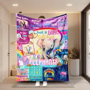 New Lucky Elephant Message Motivational Print Blanket, Fashion Heart Balloon & Elephant Puzzle Design, Super Soft Comfort Home Use