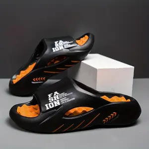 Men's Casual Solid Color Breathable Nonslip Slides, Comfortable Orange and Black Non-slip Soft Thick Bottom Beach Slippers for Indoor Outdoor Wear, Lightweight Slippers for Men, Footwear, Walking Shoes Boy Flipflop Makapal Bathroom Tsinelas