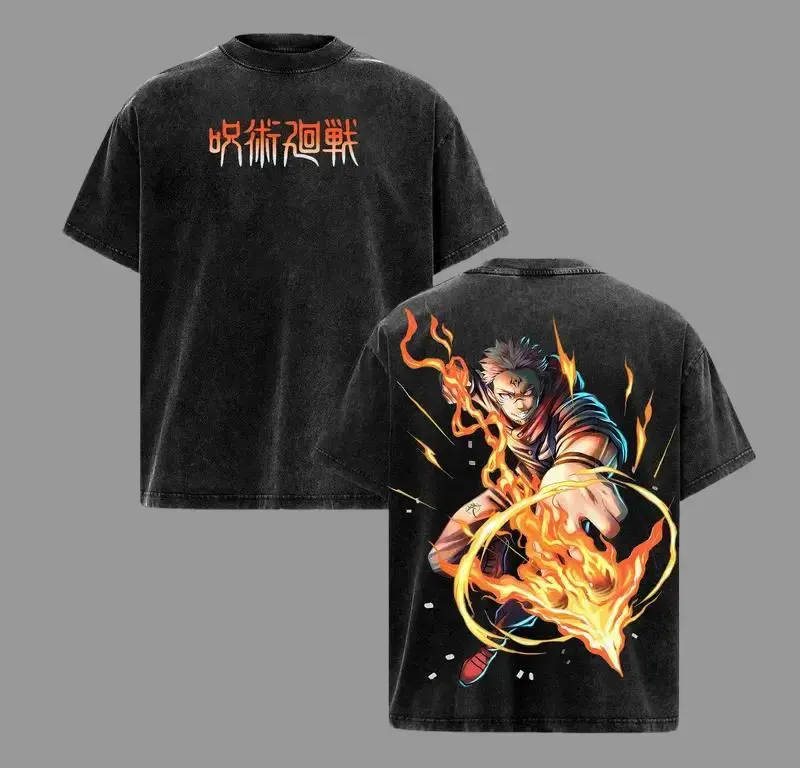 Men's Sukuna Fire Arrow Jujutsu Kaisen Washed Heavy Cotton Oversized Short-Sleeve T-Shirt, King of Curses Flame Power Anime Graphic Tee, Japanese Manga Streetwear for Anime Fans