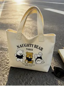 New Lazy Style Cute Three Bear Canvas Tote Bag, Simple and Versatile, Lightweight Large Capacity Shoulder Bag for Daily Commute and Shopping