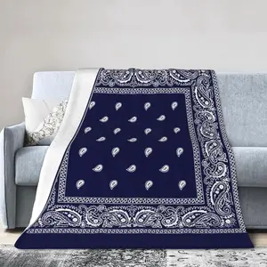[In stock] Southwestern Navy Bandana Paisley Border Print Blanket Soft Flannel Blanket Comfy Cozy Throw Blanket Couch Bedroom