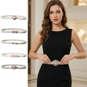 Refined Flower Buckle Waistband for Women Pearl Belt Rhinestone Dress Decoration for Party and Gifts