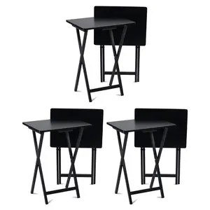PJ Wood Folding TV Tray, Portable Wooden Table Set with Storage, Black, 6 Piece