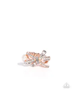 Bow Beacon - Rose Gold White Rhinestone Ring - Paparazzi