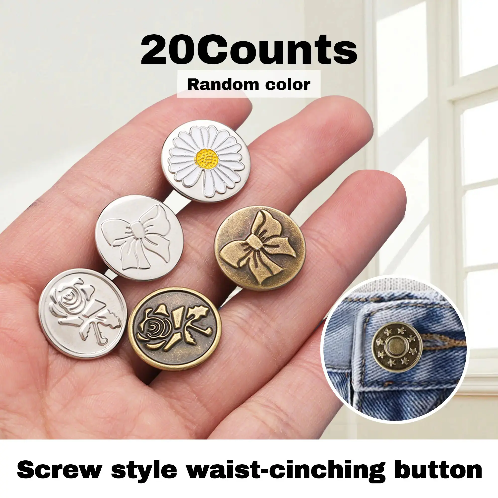 BUY 1 GET 1 FREE 20 Counts No Sew Replacement Jean Buttons, Instant Adjustable Jeans Pants Buttons Replacement Kit, Metal Snap Denim Buttons for Clothes Bags Hats Styles Random