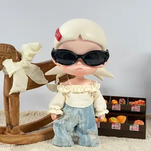1/8 Trendy Blind Box Doll Outfit: French Off-Shoulder Ruched Lace Top + Light Blue Ripped Straight Jeans Figurine Swap Set