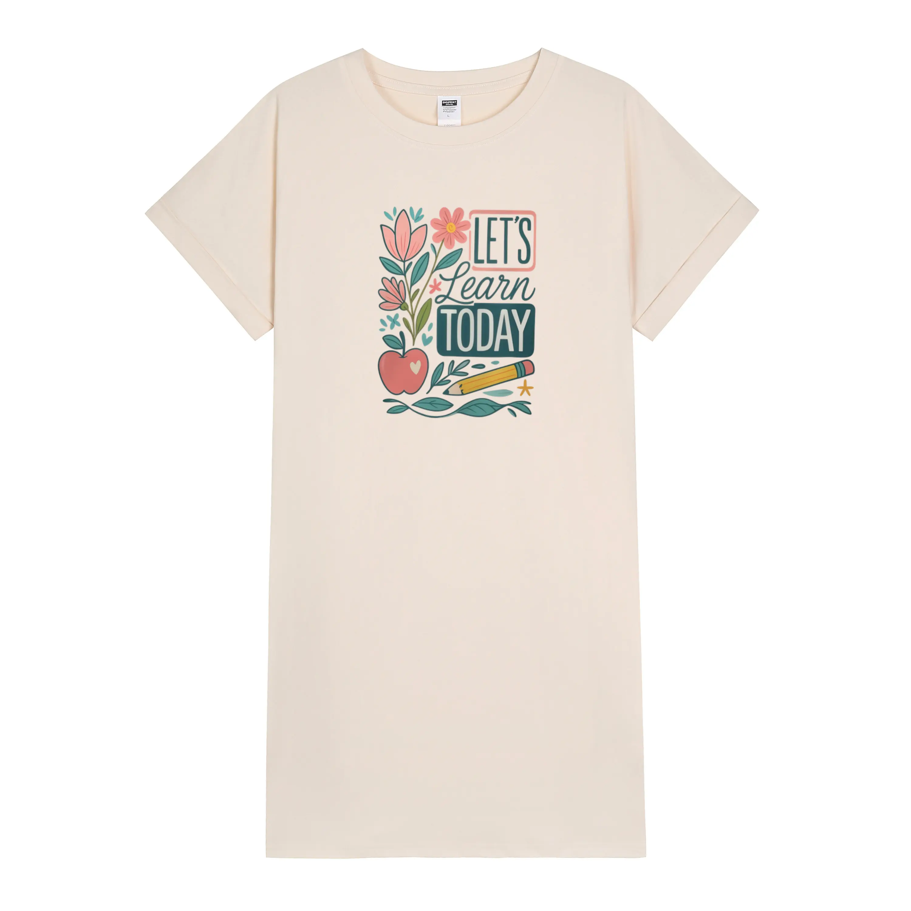 Women's Casual T-Shirt Dress with 'Learn Today' Educational Print – Soft, Breathable Fabric with Apple, Flower & Pencil Design, Medium Stretch, Machine Washable – Perfect Teacher Gift for Spring & Summer