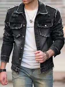 Distressed light black retro Menswar denim jacket, ripped and frayed men's jacket, heavy retro washed worn-out streetwear, men's jacket, outdoor casual fashion denim top, black denim jacket
