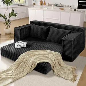 Convertible Sleeper Sofa Bed, Corduroy, Boneless Couch, Fixed-Shape Frame, Pull Out Bed, Black, Multi-package Shipping