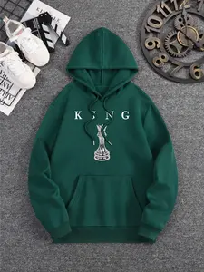 Men's Royal Chess-Inspired Pullover Hoodie - Long Sleeve Casual Menswear Top with Layered King Motifs, Strategic Pattern Details for Urban Fashion Statement