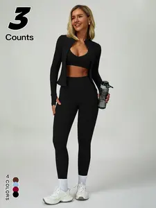 Women's Sporty Three-Piece Set, High Neck Zipper Jacket & Shaping Tight Fit Top & Yoga Pants, Casual Fashion for Daily Wear & Outdoor Activities, Comfortable & Stylish Design, Fall/Winter 2025 Collection, Sportswear All Seasons