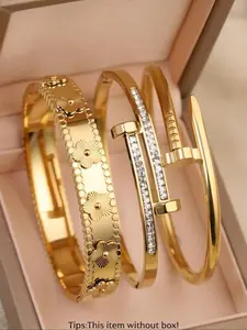 Elegant Stainless Steel Women's Nail Bracelet Set, Trendy Stack Bangle, Four-Leaf Clover Design, Perfect for Parties & Gifts, Valentine's Day Christmas New Year Gift Ideas, Elegant Jewelry Bracelet