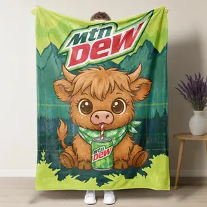Mtn Dew Cute Highland Cow Plush Blanket,artoon Highland Cow Drinking Mountain Dew Graphic Soft Fleece Throw Blanket, Perfect for Mtn Dew Fans, Cow Lovers & Cozy Home Decor