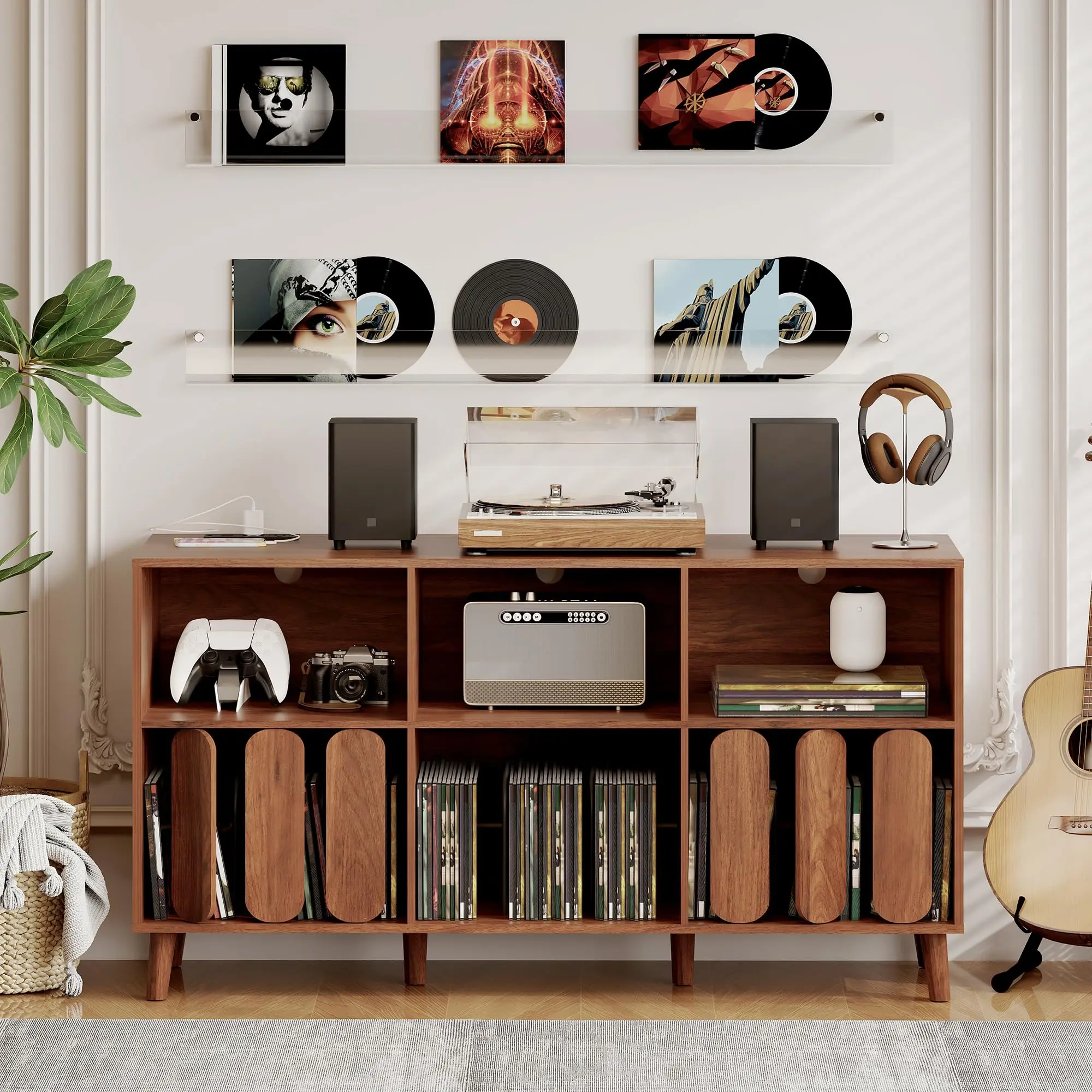 Garvee 55" Large Walnut Record Player Stand with Rustic Wood Finish, Featuring Vinyl Storage Cabinet, Charging Station with 2 Outlets & USB Ports, Modern Wide Turntable Stand with Open Shelves