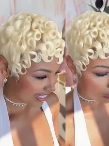 613 Blonde Color Curly Wave Wig Pixie Cut Wig for Women Halloween Wig Full Machine Made Wig 150% Density 6 Inch