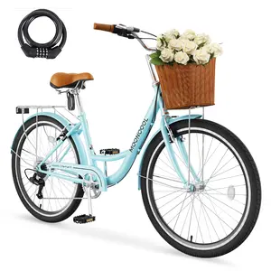 MOONCOOL Beach Cruiser Bike for Adult, 24 inch 7 Speed Commute Bike, Cruiser Bike for Women with Basket & Rack, Retro Step Through Bike w/Adjustable Seat Gear Tire