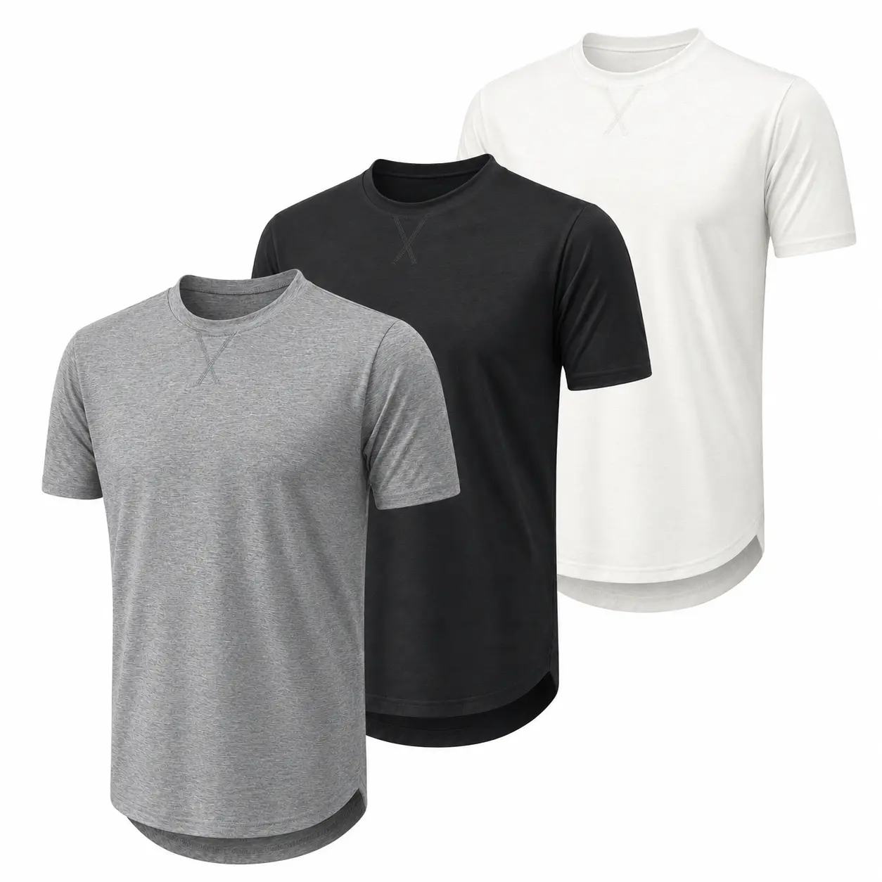 3 Pack Men's T Shirts Crewneck Short Sleeve T-Shirt Summer Tops | Longline Hip Hop Style, Soft Stretch Fabric, Loose Fit Coverage，Curved Hem, Travel, Weekend, Music Festival & Daily Wear