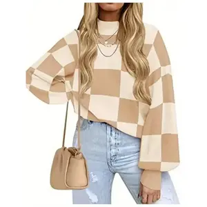 Women's 2025 New Checkered Color Block High Neck Sweater - Loose Fit, Dropped Shoulders, Sizes S-XL, Ideal for Fall/Winter Casual Outings & Daily Styling, Cozy Knit Pullover