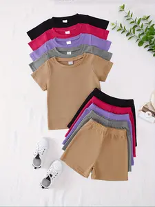 Girls' Solid Color Short Sleeve Top + Shorts Waffle Set, Spring Summer Casual Fashion, Gift for Granddaughter