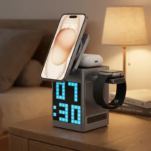 RGB Pixel Clock Alarm Speaker, 6-in-1 Magnetic Wireless Charger with 110 RGB LED, 15W Fast Charging for Phone, Earbuds & Watch, Custom Pixel Display, HiFi Sound, Portable Desk Decor for Bedroom, Dorm & Office, Ideal Gift for#SummerVibes