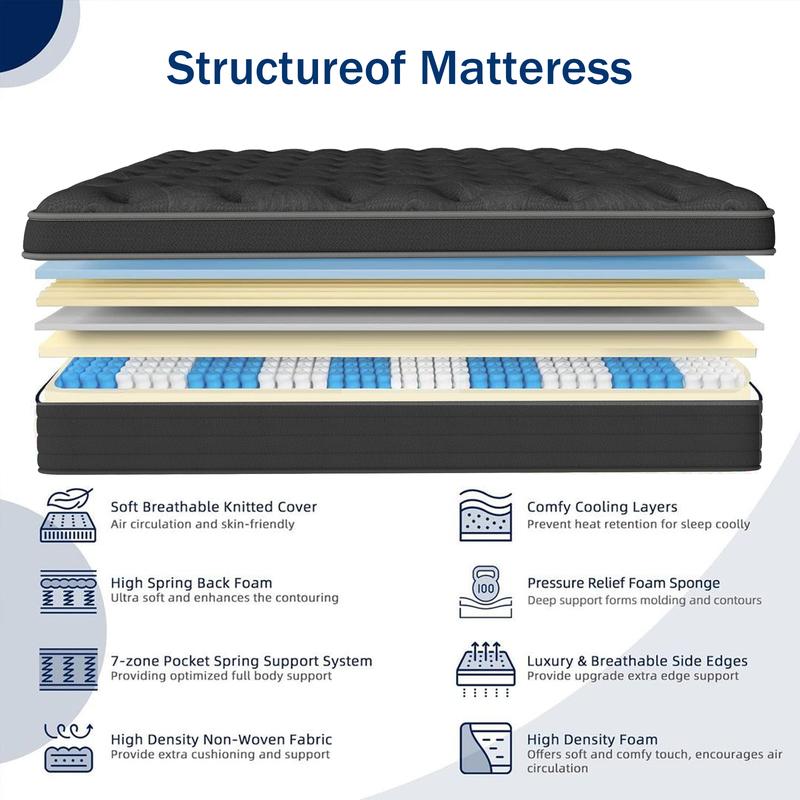 queen size mattress 12/14-Inch Spring Mattress Medium firmness, ergonomic design, hybrid memory foam spring mattress with pocketed coils, comfortable and durable, available in multiple sizes, high-quality new compressed boxed mattress colchones para cama