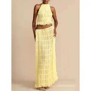 Women’s solid-color crop top and pleated skirt, two-piece set—casual, fashionable, and comfortable, suitable for everyday outdoor wear; summer women’s clothing, SetGARMENTARY