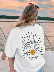 BE THE LIGHT-Women's Sun Print Round Neck T-Shirt, Casual Loose-Fitting Short Sleeve Top, Daily Vacation Outdoor Wear, All Seasons Fashion Tee, Everyday