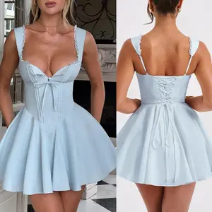Women's Off Shoulder Wrap Tie Up Back Ruffle Mini Corset Dress A-Line Sexy Deep V Neck Backless Ruffle Hem Sleeveless Dress for Party ClubGift