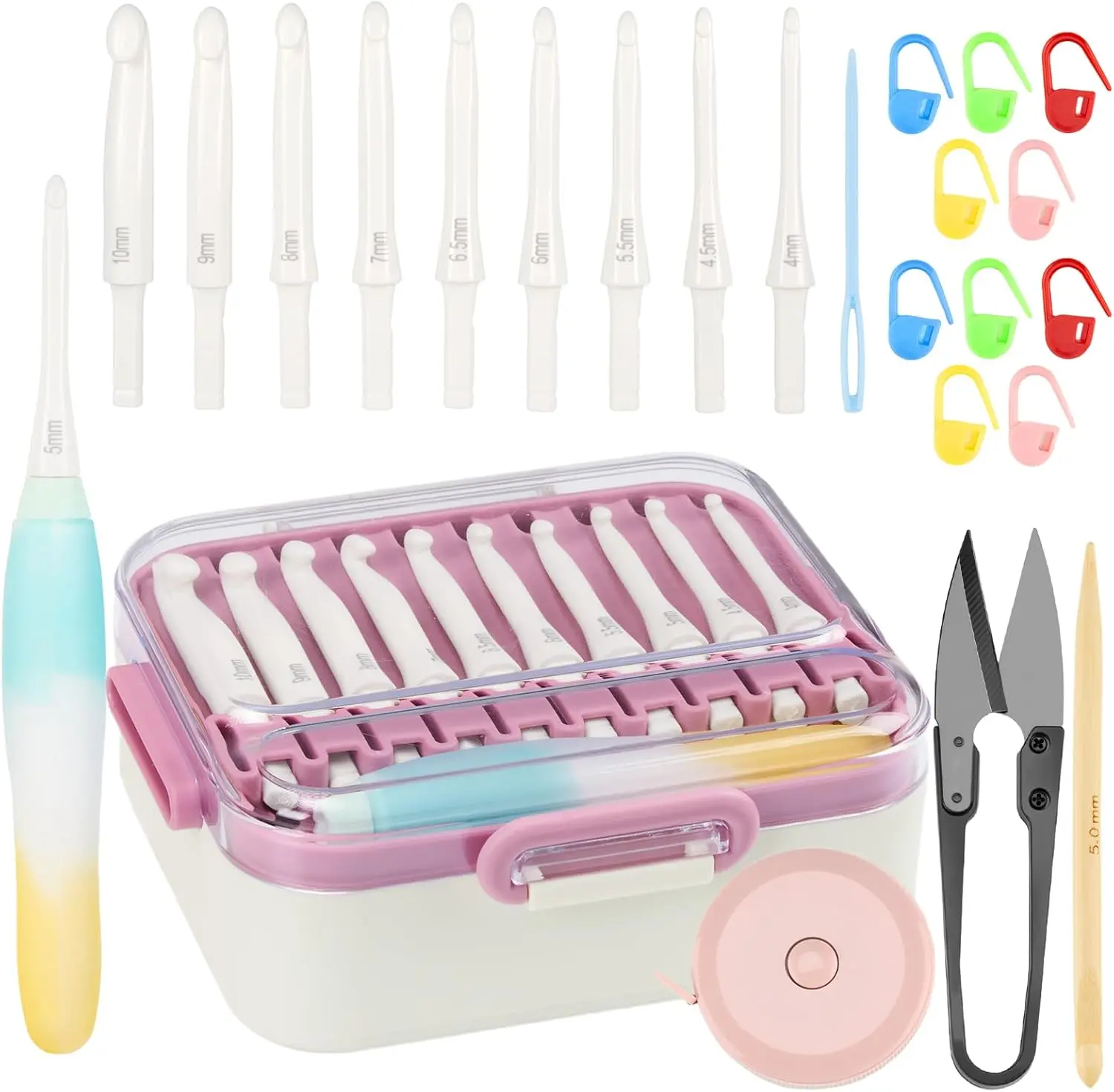 10-Size Interchangeable Crocheting Hooks Set for Beginners - Jelly-Grip Handle, Extra Long, 15-Count Accessories, Portable Case, Engineering Plastic, 4.5mm-10mm (6mm,7mm,8mm Included), DIY Knitting Hobby Kit
