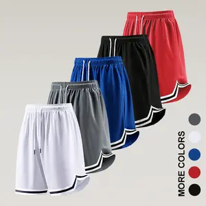 Men’s five-piece shorts set; summer basketball/soccer athletic shorts; drawstring design; stretchy mesh fabric; quick-dry material; knee-length; mid-to-high waist; casual summer menswear; solid color basketball shorts with striped hem.