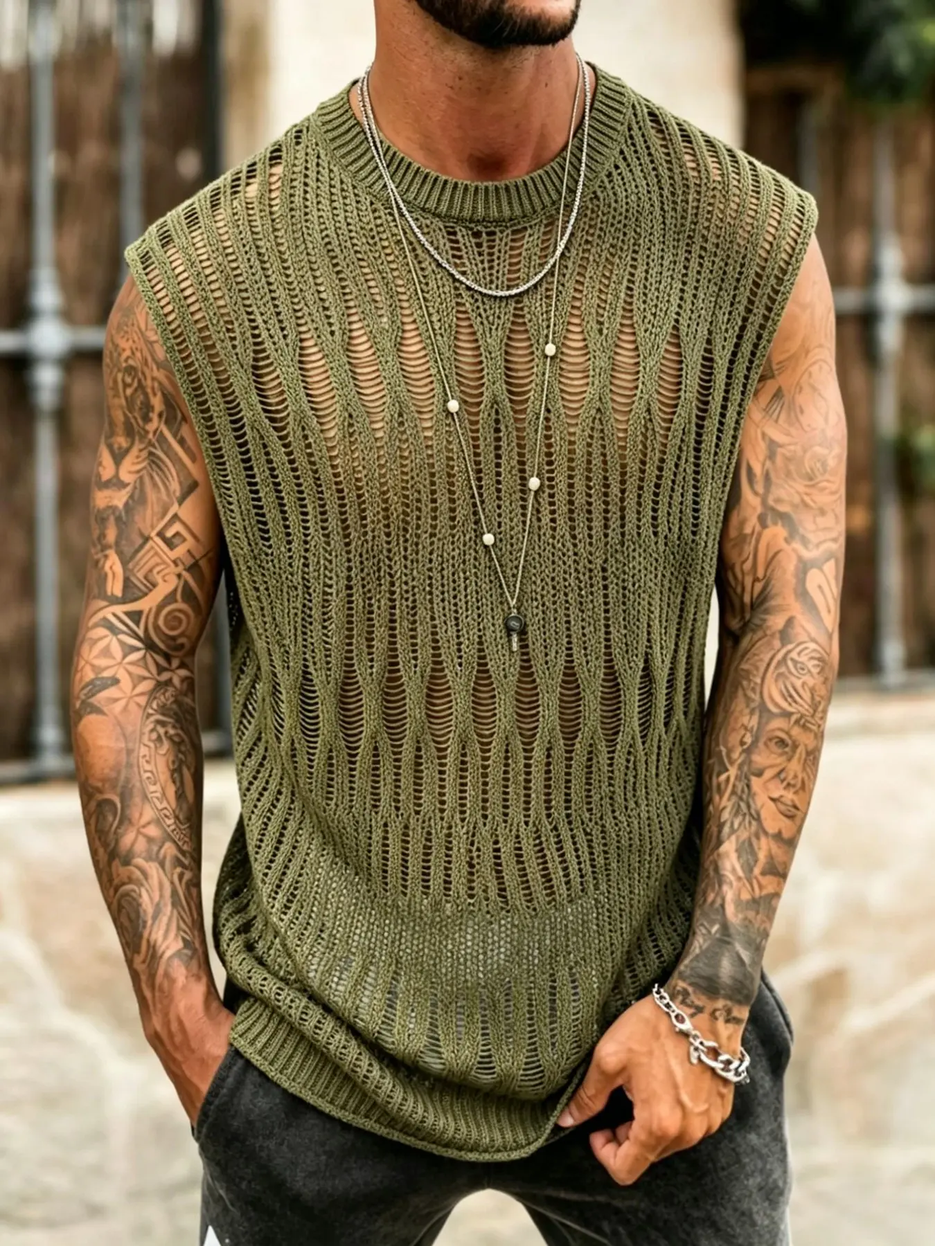 Olive Hollow Out Knit Sleeveless Sweater Vest, Men's Loose Fit Breathable Top, Wave Pattern Design, Casual Style, Perfect for Daily Wear