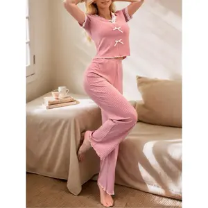 Women's Solid Bow Decor Crop Top & Pants Pyjama Two-piece Set, Casual Comfy Short Sleeve Top & Trousers PJ Set, Ladies Sleepwear for Spring, Loungewear