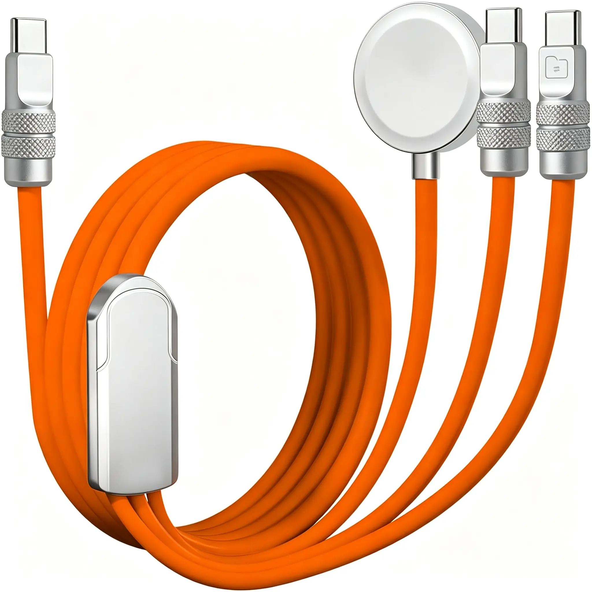 Tri-Flex 3 in 1 USB C Cable for Apple Watch Charger Silicone 100W Multi Charging Cable Fast Charge Compatible with iPhone 17-15 Series Apple Watch iPad MacBook AirPods, 4.1FT, Orange