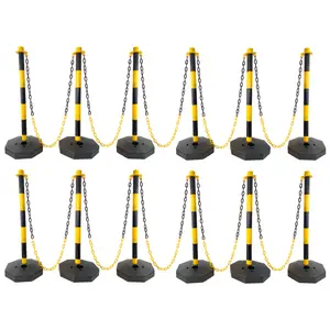 12 Pack Traffic Delineator Post Cones with Fillable Base, Adjustable Plastic Safety Barrier with 5Ft Plastic Chain, Outdoor and Indoor Crowd Control Stanchion for Traffic Control and warning Y/B
