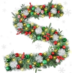 Beinhome Christmas Garland with Lights, 9 FT Pre-Lit Christmas Garland with Red Green Glitter Matte Ball Decorations for Home Front Door Stairs Table Centerpiece Fireplace Xmas Holiday Festival Decor