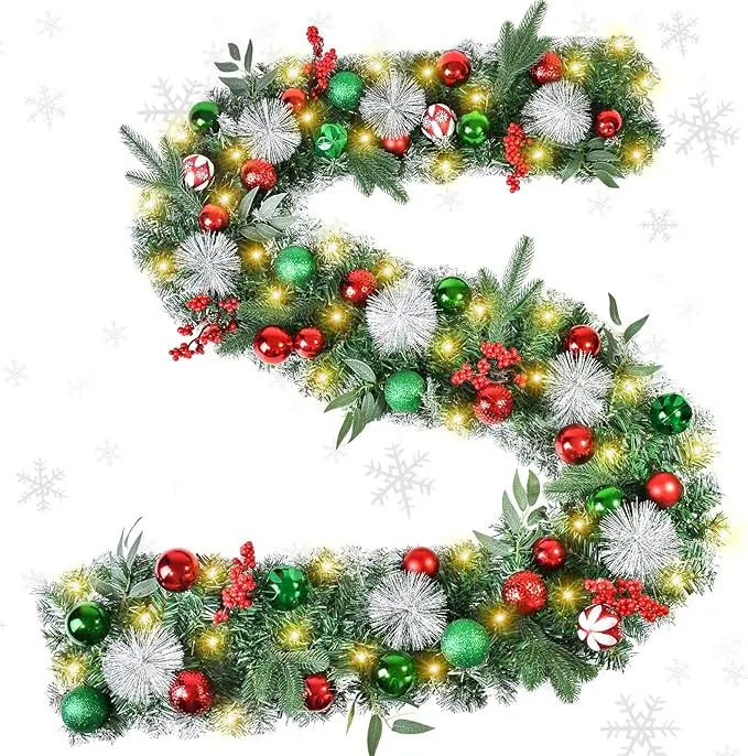 Beinhome Christmas Garland with Lights, 9 FT Pre-Lit Christmas Garland with Red Green Glitter Matte Ball Decorations for Home Front Door Stairs Table Centerpiece Fireplace Xmas Holiday Festival Decor
