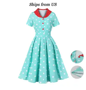 Turquoise Polka Dot Collared Midi Dress With Red Accents Short Sleeve Vintage Style Party Casual Outfit dress OutdoorFun Summer Womenswear Fitted Button erika krick gold outfit