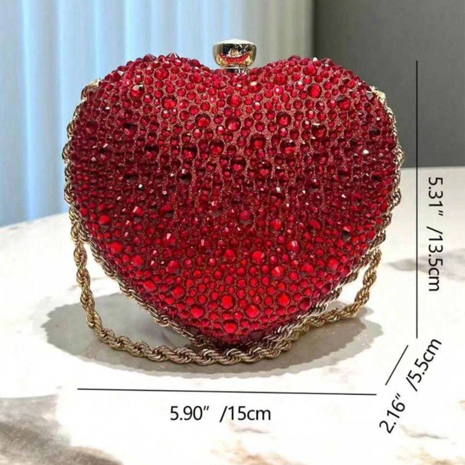 Glamorous Sparkling Red Rhinestone Heart Shaped Clutch Bag, Cute Mini Glitter Crossbodybag Asymmetrical Handbag, Suitable For Evening Party, Wedding, Banquet, Celebration Events, Great Gift For Women, Valentine's Day