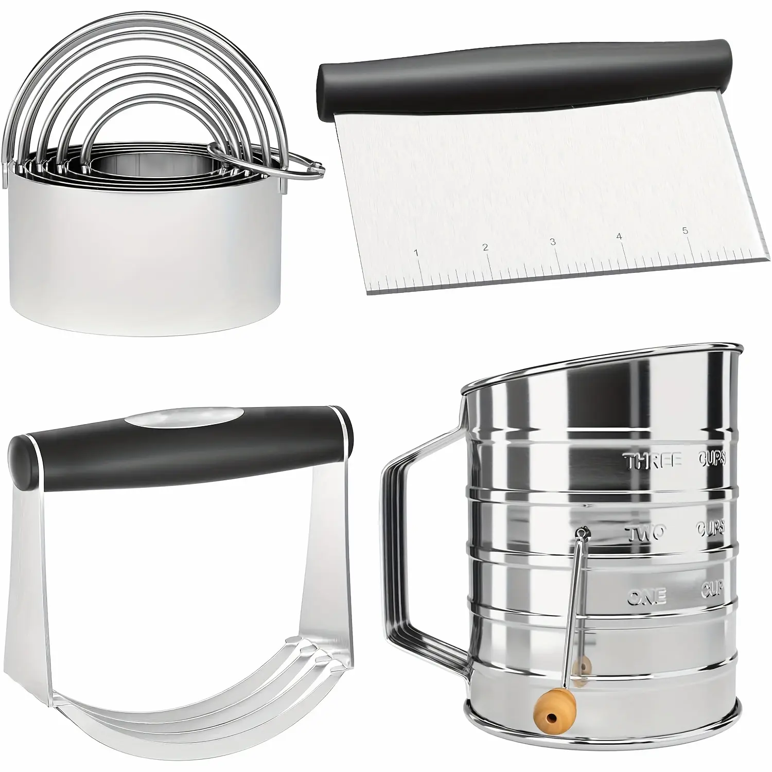 Pastry Cutter, Dough Blender, 3 Cup Flour Sifter And Biscuit Cutter, Stainless Steel Dough Cutter, Professional Baking Dough Tools for Cooking Cookies And Donuts(4pcs/Set)