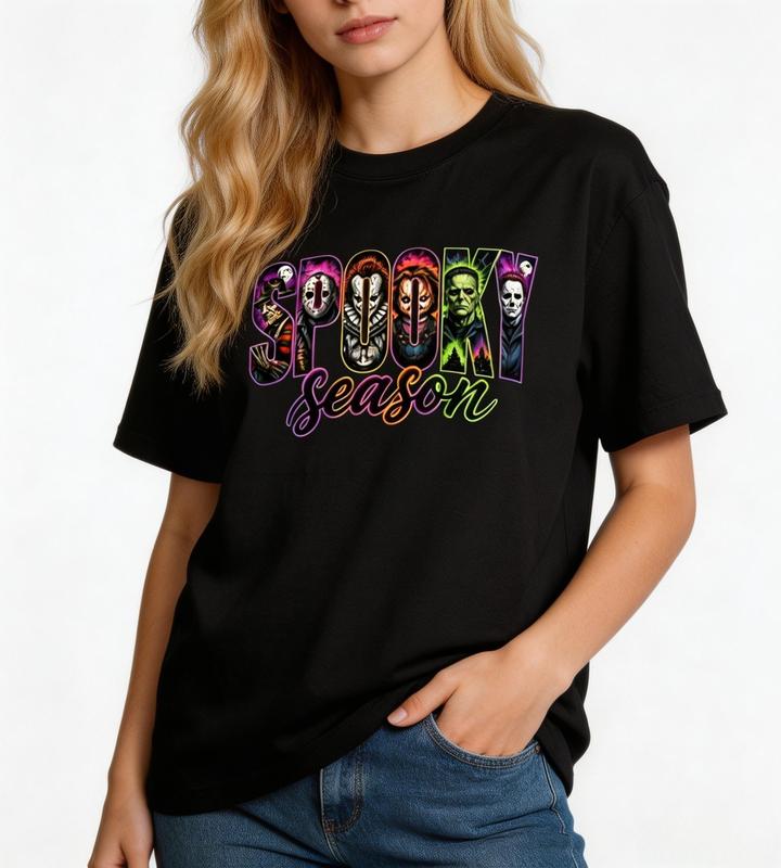 Women's Halloween Graphic Print Tee - Retro Scary Movie Design, Vintage Horror Character Print, Spooky Fall Lady Apparel with Comfortable Fabric, Flattering Fit for Innocence Advocacy