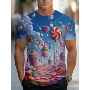 Men'S Candy Land Print T-Shirt - Soft, Lightweight & Comfortable, Vibrant Blue with Whimsical Candy-Themed Design, for Casual Wear, Outdoor Activities & Daily Use, Candyland Decor