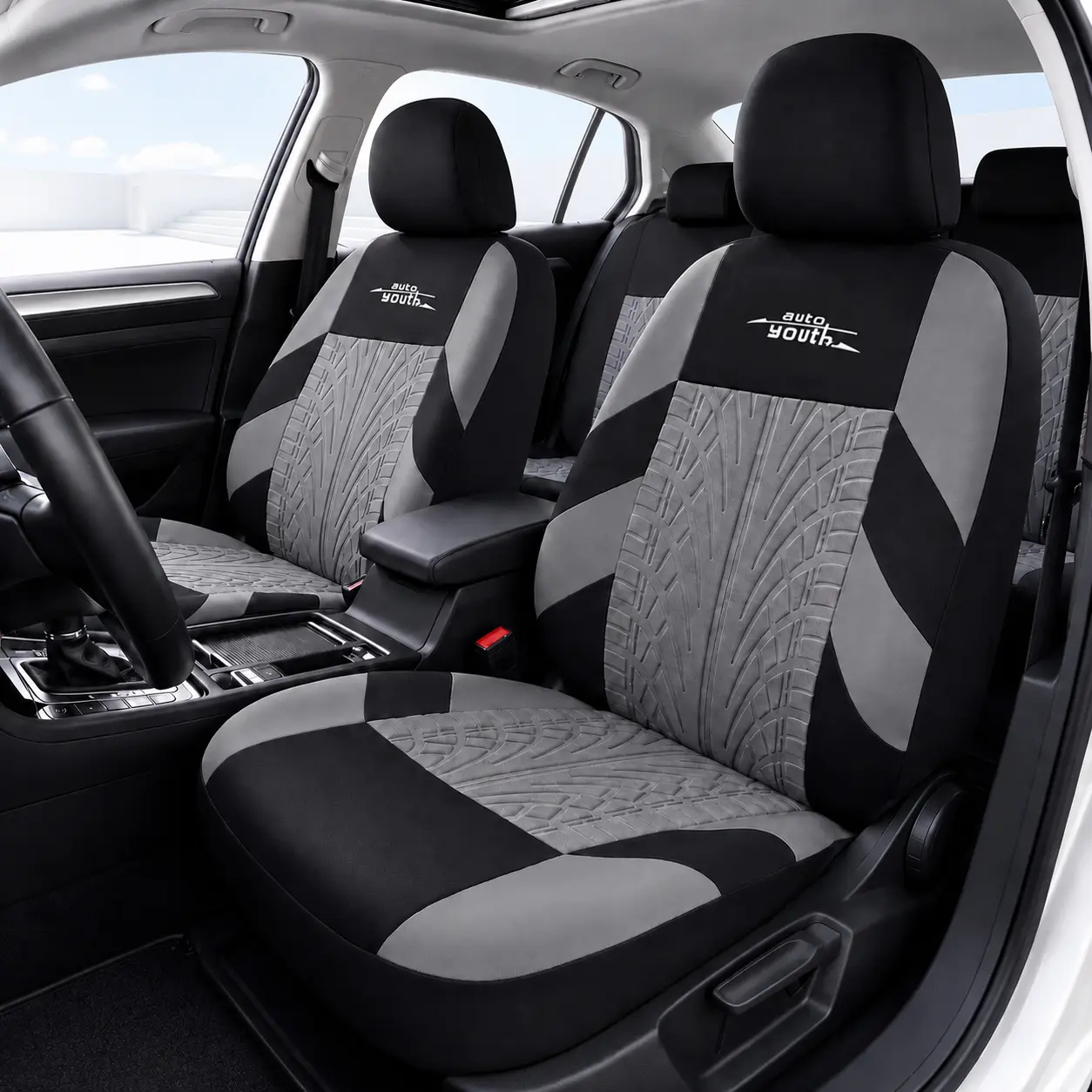 AutoYouth 5-Seater Car Seat Covers, Breathable Fabric Automotive Seat Protector Full Set, Universal Fit Front Rear Seat Covers for Cars SUVs Trucks, Airbag Compatible, Black Gray Red Car Decor Gift, Car Interior Accessories