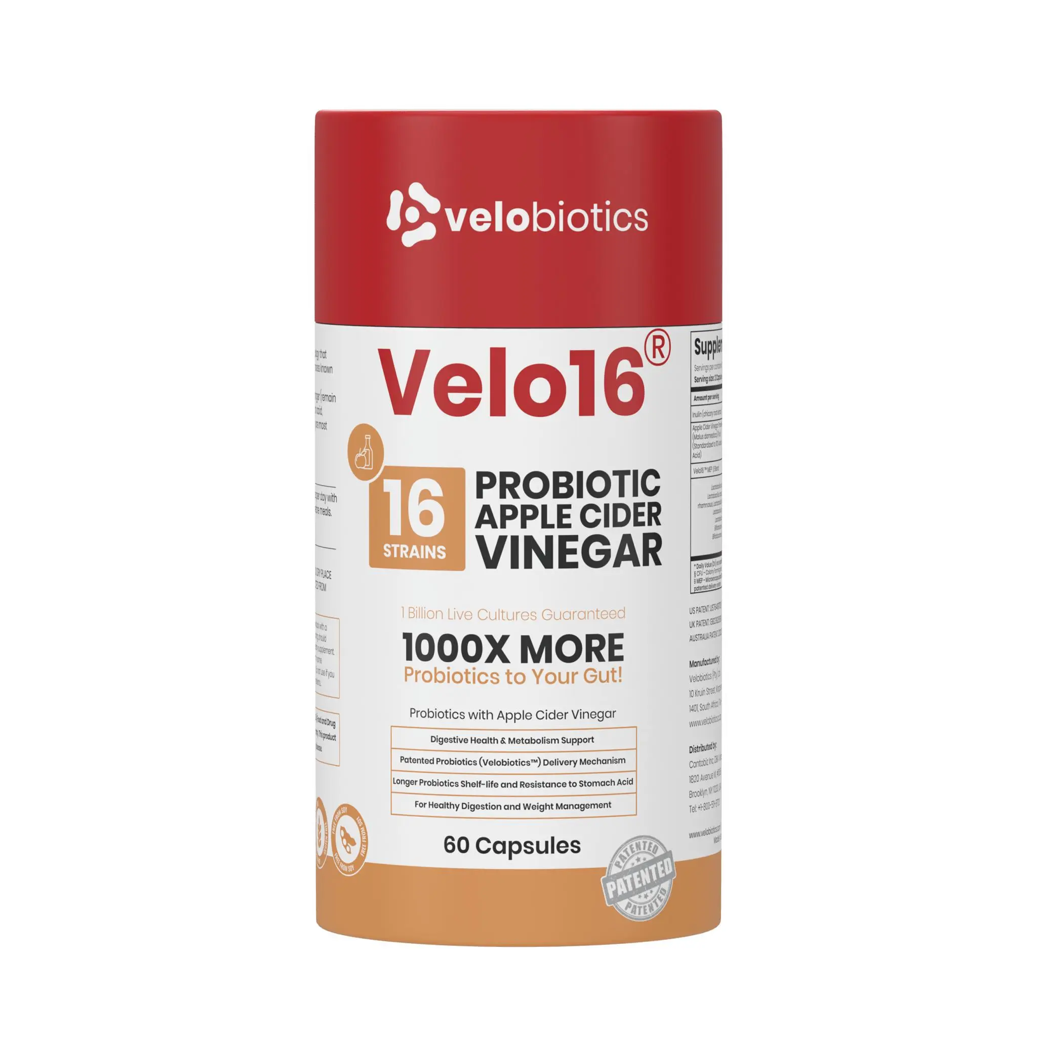 Velo16 Probiotic + Apple Cider Vinegar | Bloating Relief, Digestive Balance & Gut Health, Microencapsulated, 16 Strains, 60 Caps